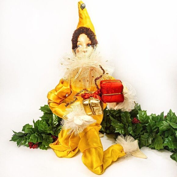 1950’s VTG Christmas Pixie Elf Doll Poseable Yellow Satin - Picture 1 of 12